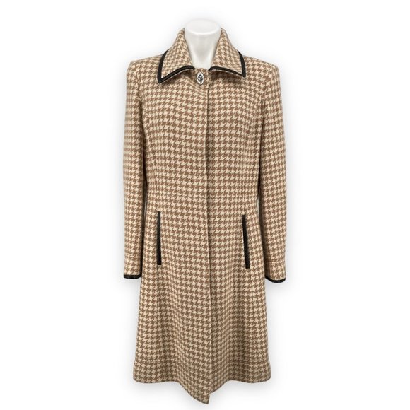 Vintage Coach Houndstooth Wool & Leather Womens Coat / Fully Lined / Large Tan - Picture 2 of 13